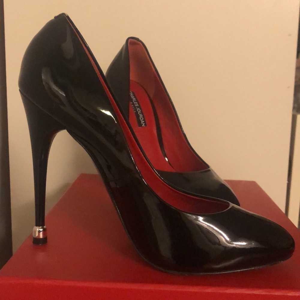 Charles Jourdan Elton Black Patent Stilettos with silver tip heel. Rare!!